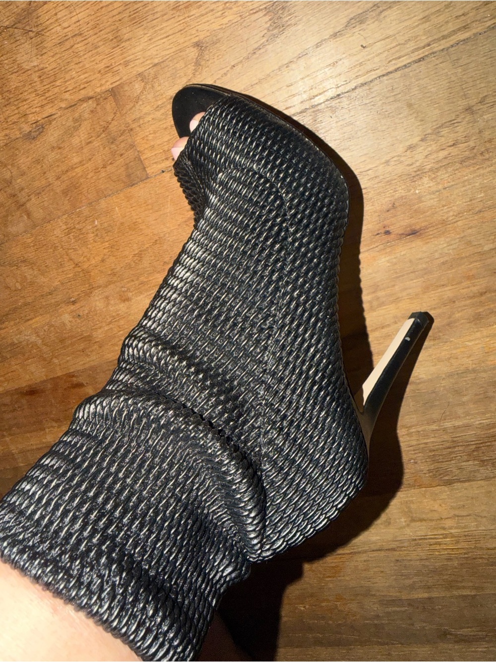 BCBG Women’s Black Woven Peep-Toe Stiletto Bootie